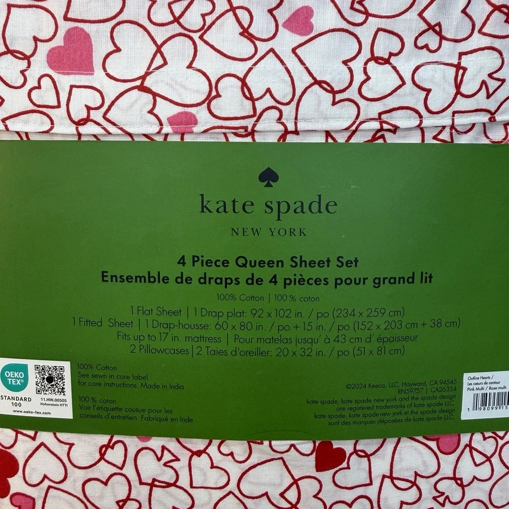 Kate Spade New York 4 Piece Queen Sheet Set Heart Print 100% Cotton NWT